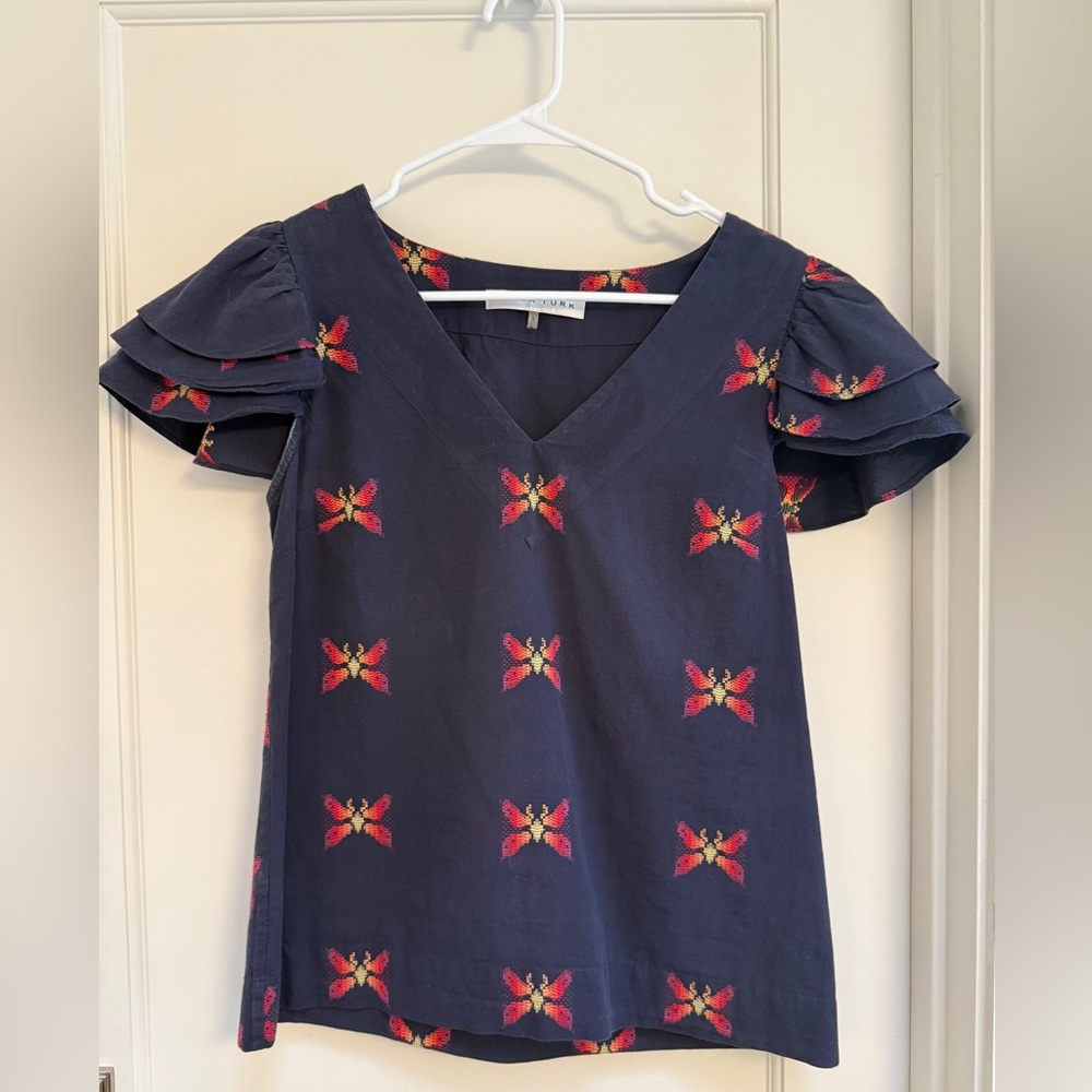 Trina Turk Blue Butterfly Ruffle Short Sleeve Top - Size Small